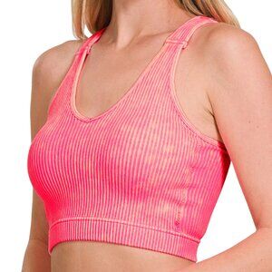 Washed Ribbed Cropped Seamless Bra Padded Tank Top Brami - Coral Fuchsia